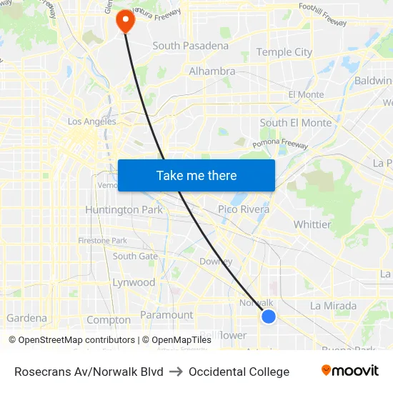 Rosecrans Av/Norwalk Blvd to Occidental College map