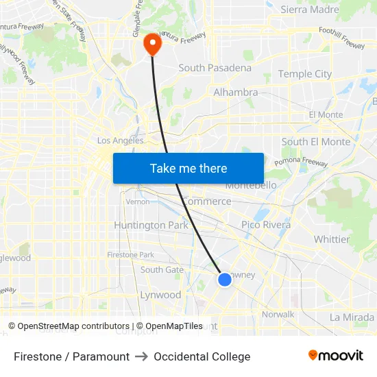 Firestone / Paramount to Occidental College map