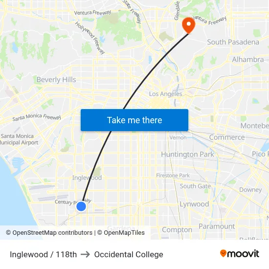 Inglewood / 118th to Occidental College map