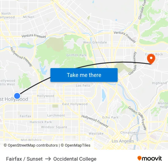 Fairfax / Sunset to Occidental College map