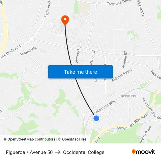 Figueroa / Avenue 50 to Occidental College map