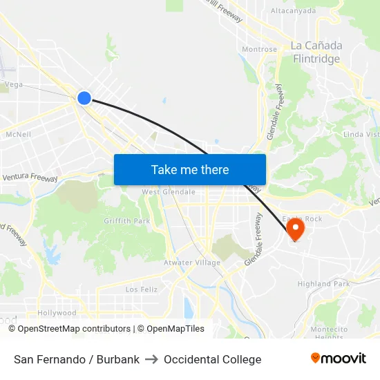 San Fernando / Burbank to Occidental College map