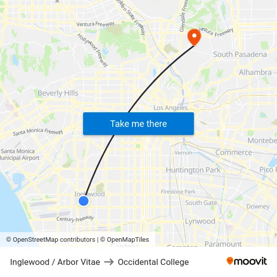 Inglewood / Arbor Vitae to Occidental College map