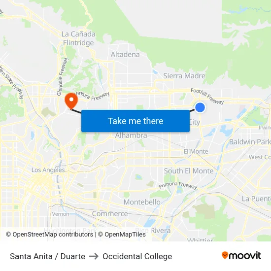 Santa Anita / Duarte to Occidental College map