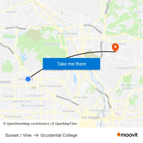 Sunset / Vine to Occidental College map