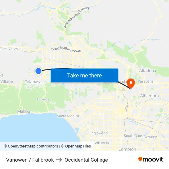 Vanowen / Fallbrook to Occidental College map