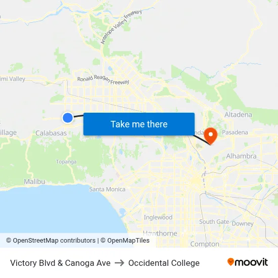 Victory Blvd & Canoga Ave to Occidental College map