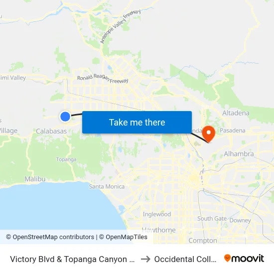 Victory Blvd & Topanga Canyon Blvd to Occidental College map