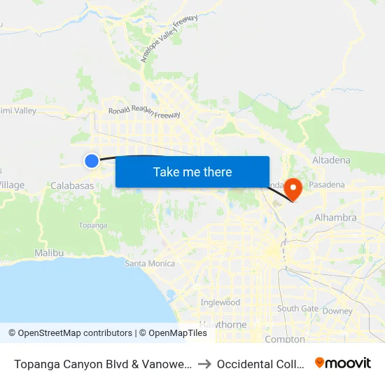 Topanga Canyon Blvd & Vanowen St to Occidental College map
