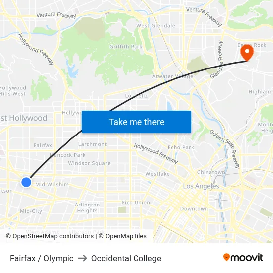Fairfax / Olympic to Occidental College map
