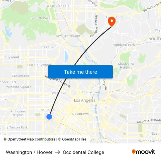 Washington / Hoover to Occidental College map