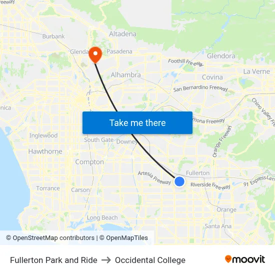 Fullerton Park and Ride to Occidental College map