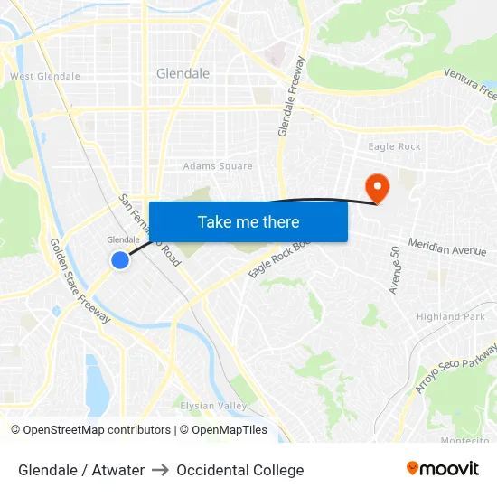 Glendale / Atwater to Occidental College map