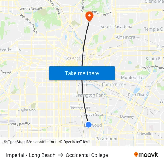 Imperial / Long Beach to Occidental College map