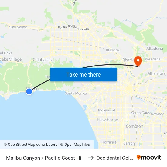 Malibu Canyon / Pacific Coast Highway to Occidental College map