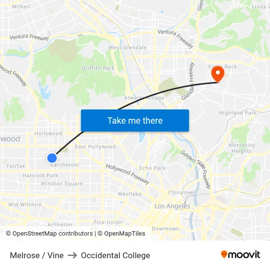 Melrose / Vine to Occidental College map