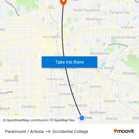 Paramount / Artesia to Occidental College map