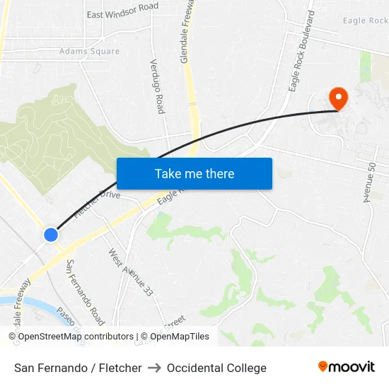San Fernando / Fletcher to Occidental College map