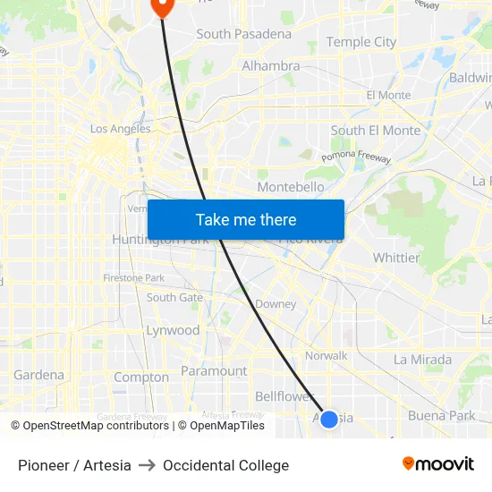 Pioneer / Artesia to Occidental College map