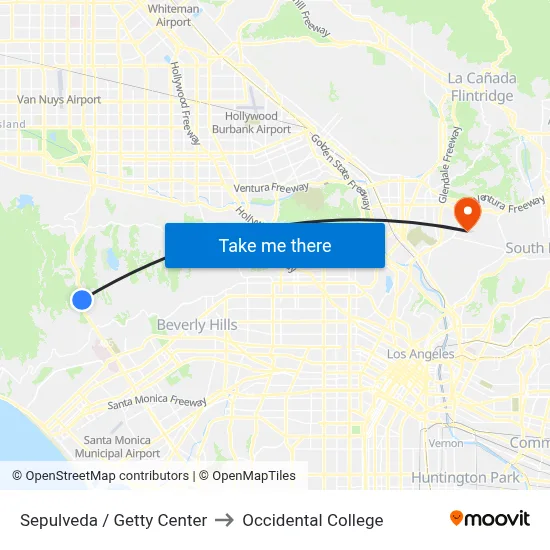 Sepulveda / Getty Center to Occidental College map