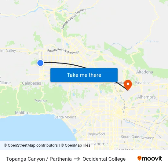 Topanga Canyon / Parthenia to Occidental College map