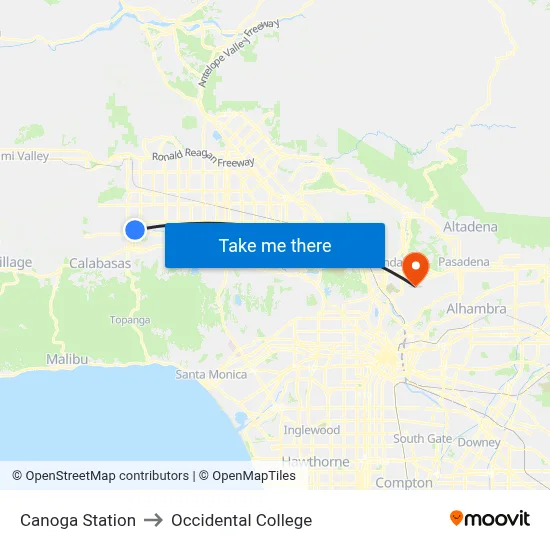 Canoga Station to Occidental College map