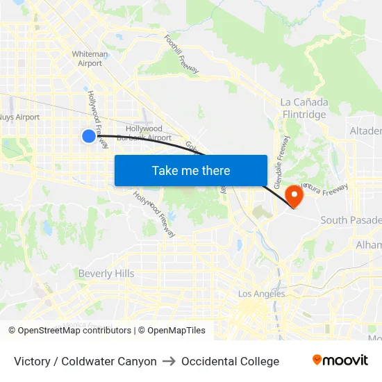 Victory / Coldwater Canyon to Occidental College map