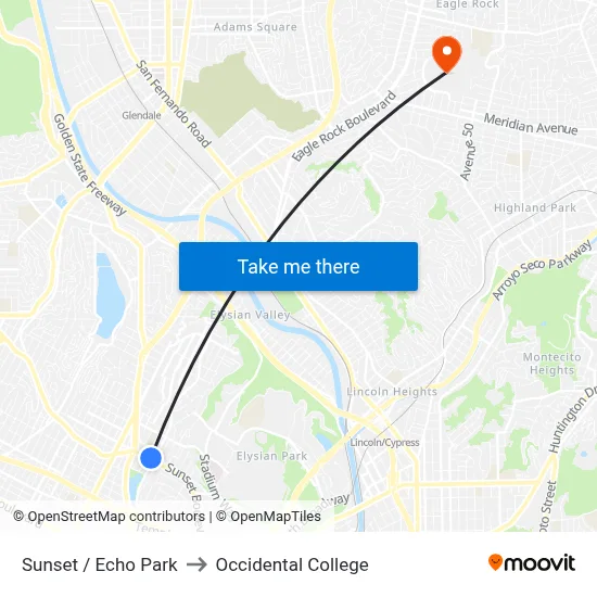 Sunset / Echo Park to Occidental College map