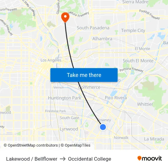 Lakewood / Bellflower to Occidental College map