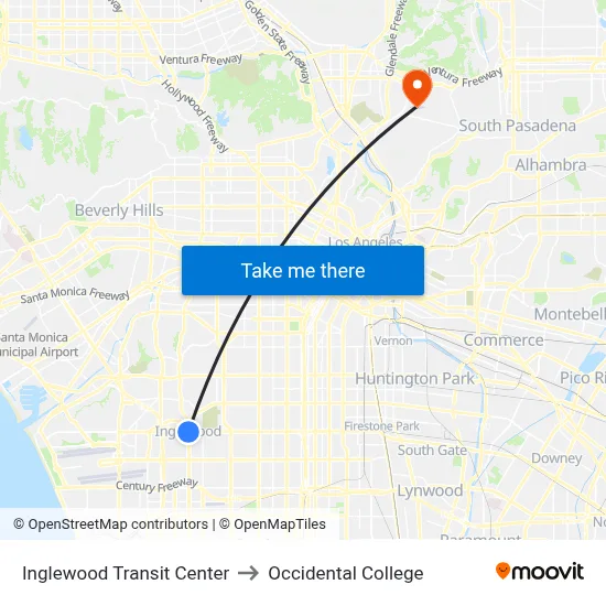 Inglewood Transit Center to Occidental College map
