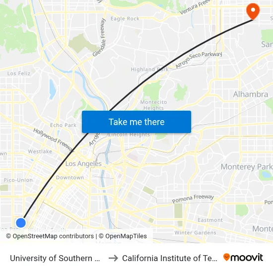University of Southern California to California Institute of Technology map