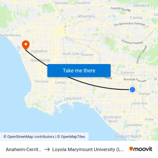 Anaheim-Cerritos to Loyola Marymount University (LMU) map