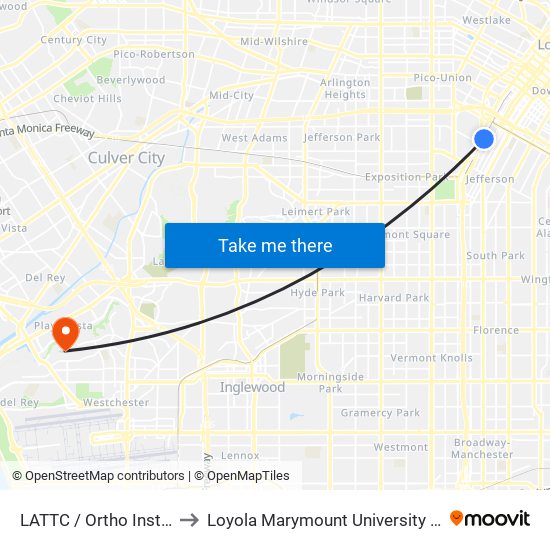 LATTC / Ortho Institute to Loyola Marymount University (LMU) map