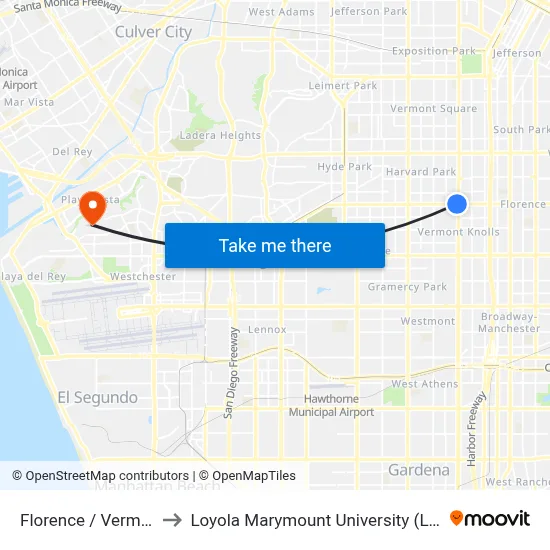 Florence / Vermont to Loyola Marymount University (LMU) map