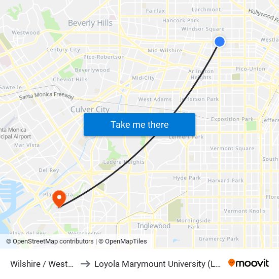 Wilshire / Western to Loyola Marymount University (LMU) map