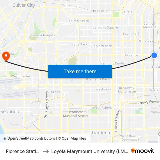 Florence Station to Loyola Marymount University (LMU) map