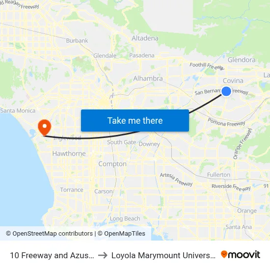 10 Freeway and Azusa Ave E to Loyola Marymount University (LMU) map
