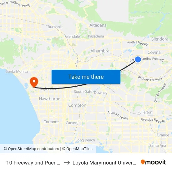 10 Freeway and Puente Ave W to Loyola Marymount University (LMU) map