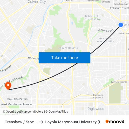 Crenshaw / Stocker to Loyola Marymount University (LMU) map