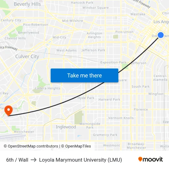 6th / Wall to Loyola Marymount University (LMU) map