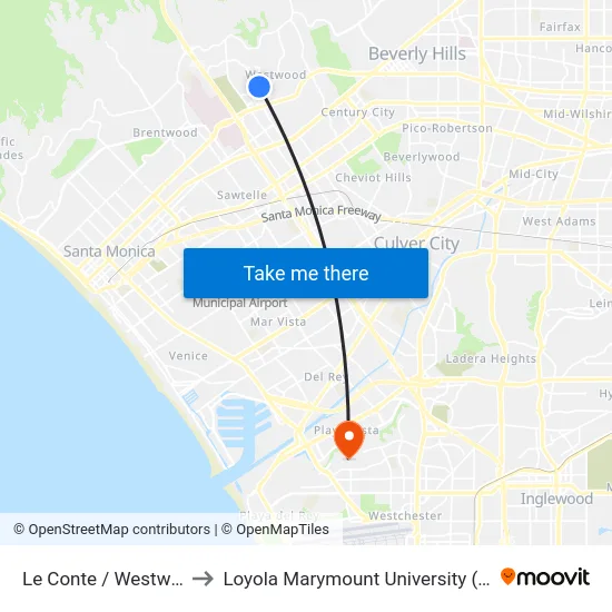 Le Conte / Westwood to Loyola Marymount University (LMU) map