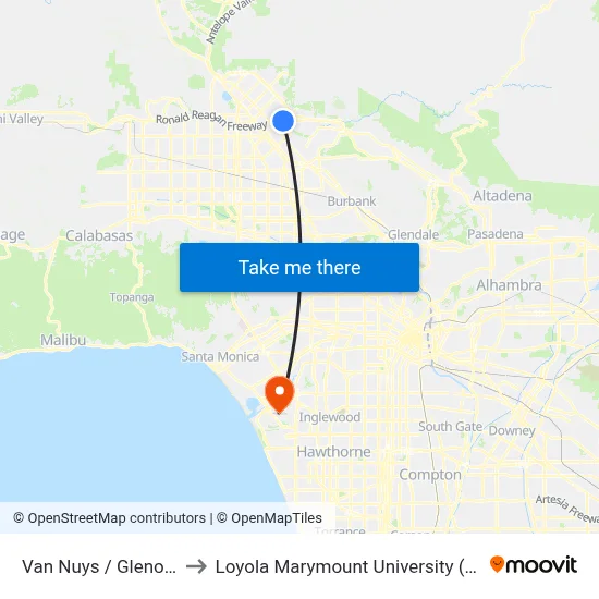Van Nuys / Glenoaks to Loyola Marymount University (LMU) map