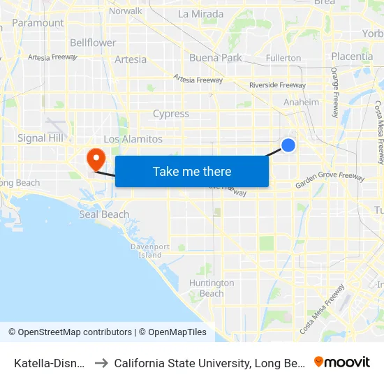 Katella-Disneyland to California State University, Long Beach (CSULB) map