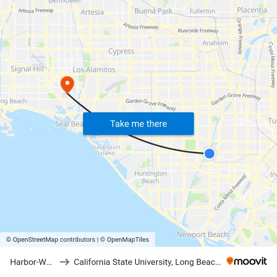 Harbor-Warner to California State University, Long Beach (CSULB) map
