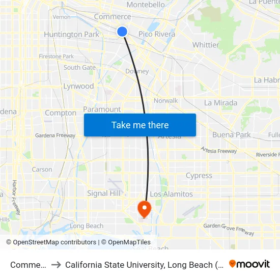 Commerce to California State University, Long Beach (CSULB) map