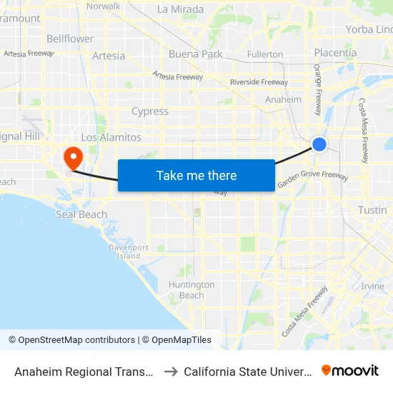 Anaheim Regional Transportation Intermodal Center to California State University, Long Beach (CSULB) map
