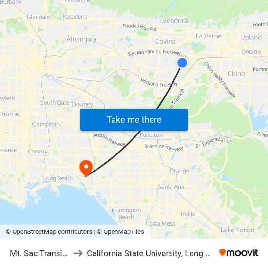 Mt. Sac Transit Center to California State University, Long Beach (CSULB) map