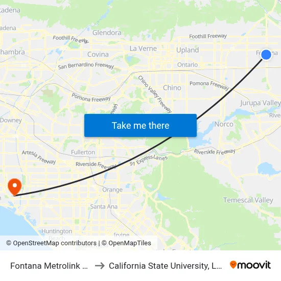 Fontana Metrolink Transit Center to California State University, Long Beach (CSULB) map