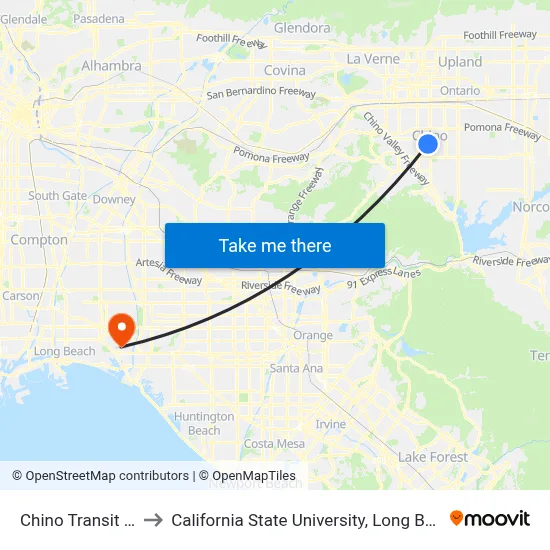 Chino Transit Center to California State University, Long Beach (CSULB) map
