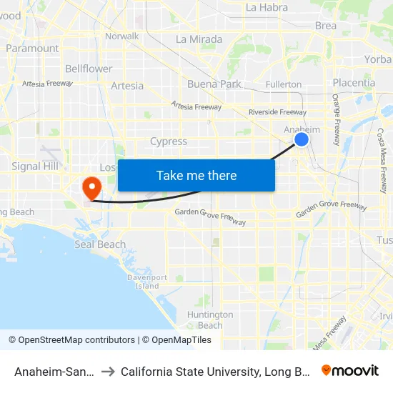 Anaheim-Santa Ana to California State University, Long Beach (CSULB) map